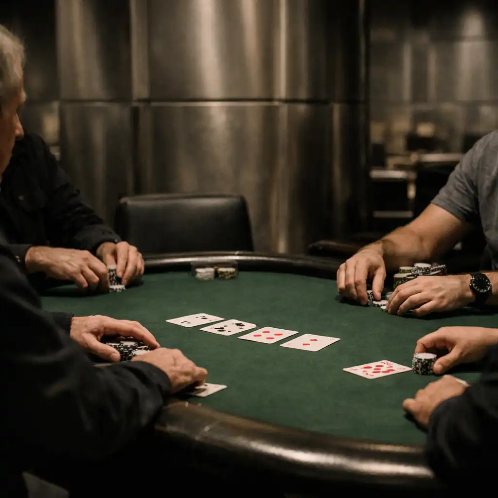 Focused adult hands and shoulders around a professional felt poker table in the offline card room.
