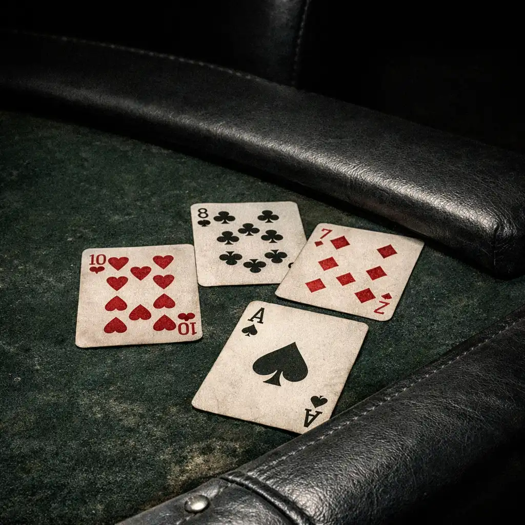 Close detail of worn poker table felt, real cards and a squared table rail.