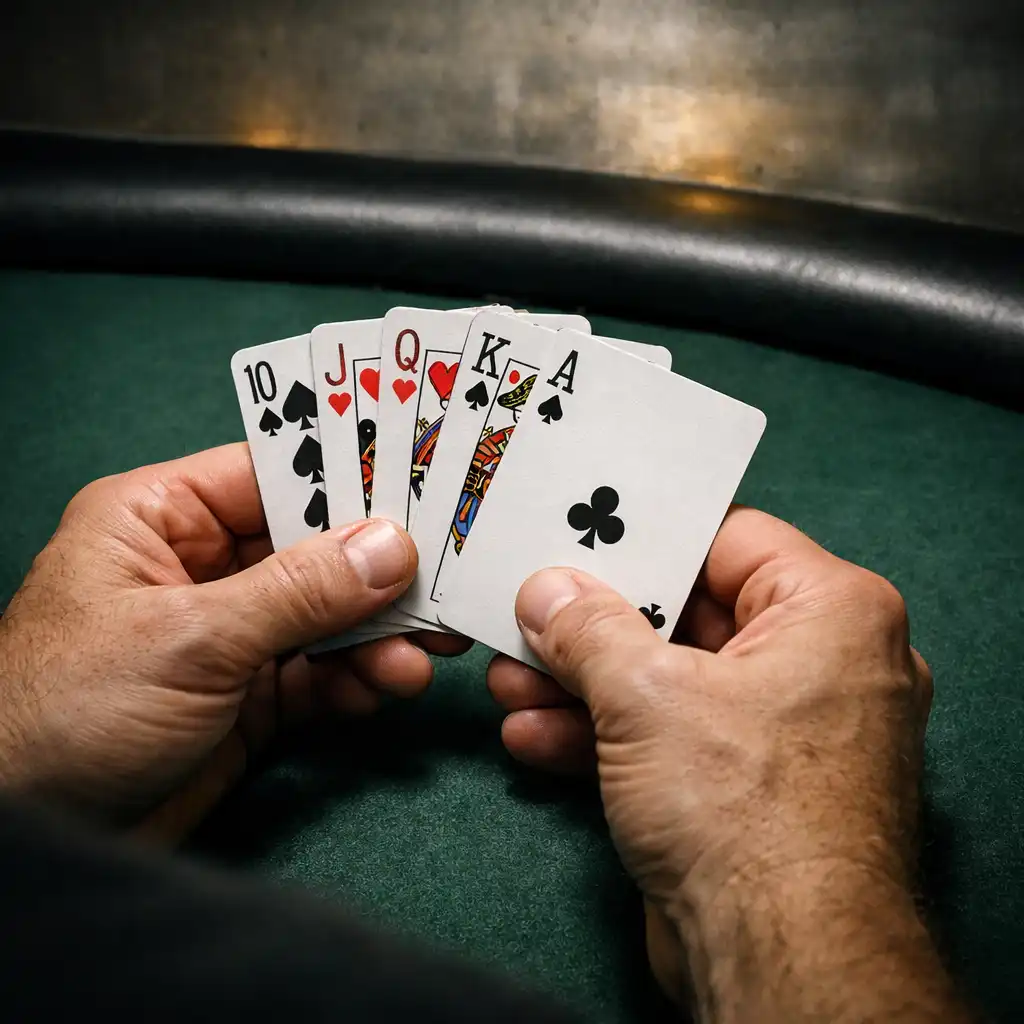 Adult hands holding real playing cards above a felt poker table.
