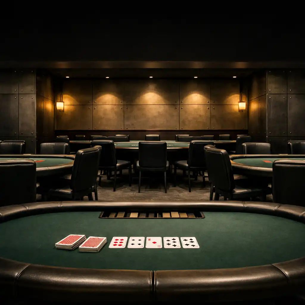 Professional felt poker tables and empty chairs in Card Gallery Melbourne's dedicated card room.