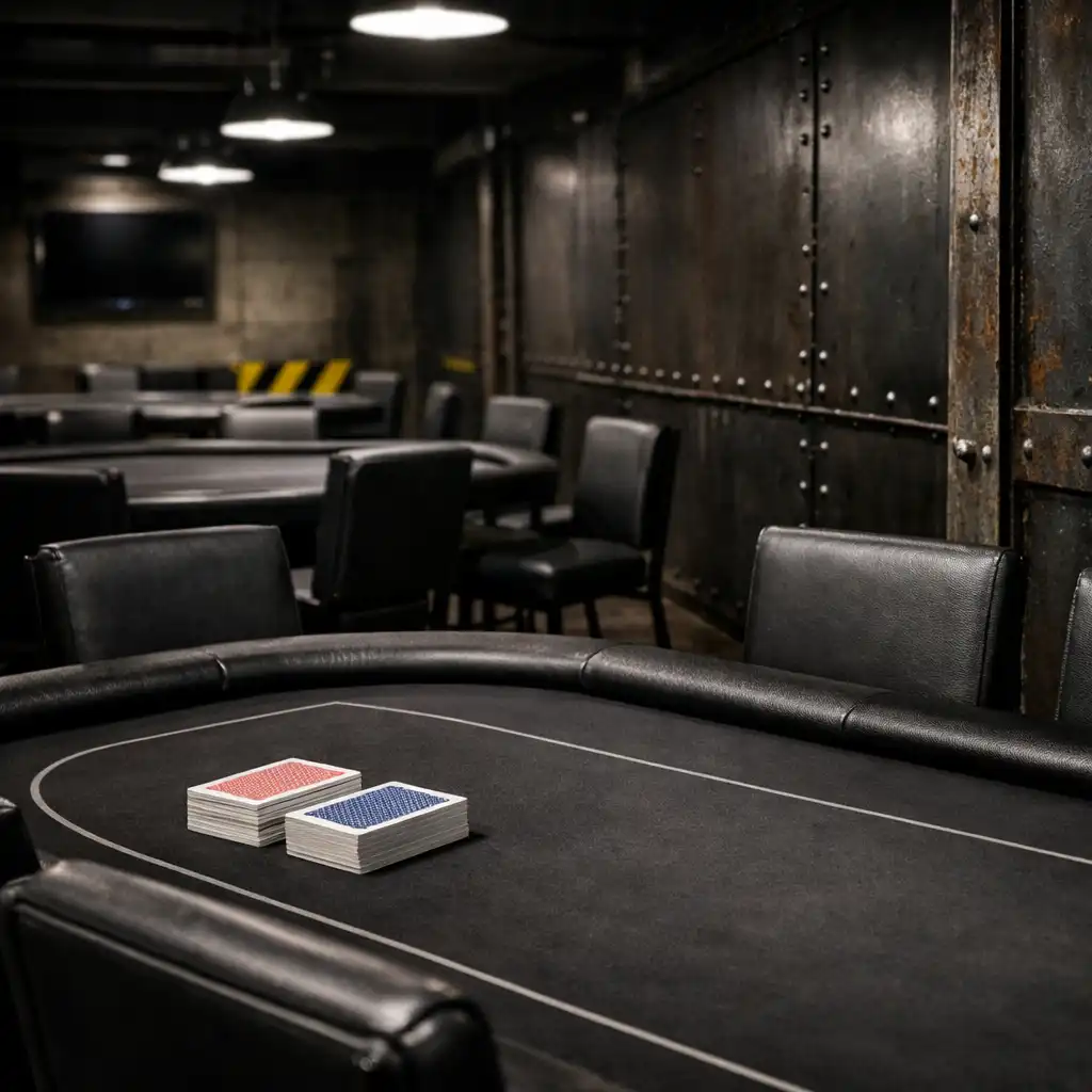 Dedicated card lounge with professional poker tables and squared chairs at Card Gallery Melbourne