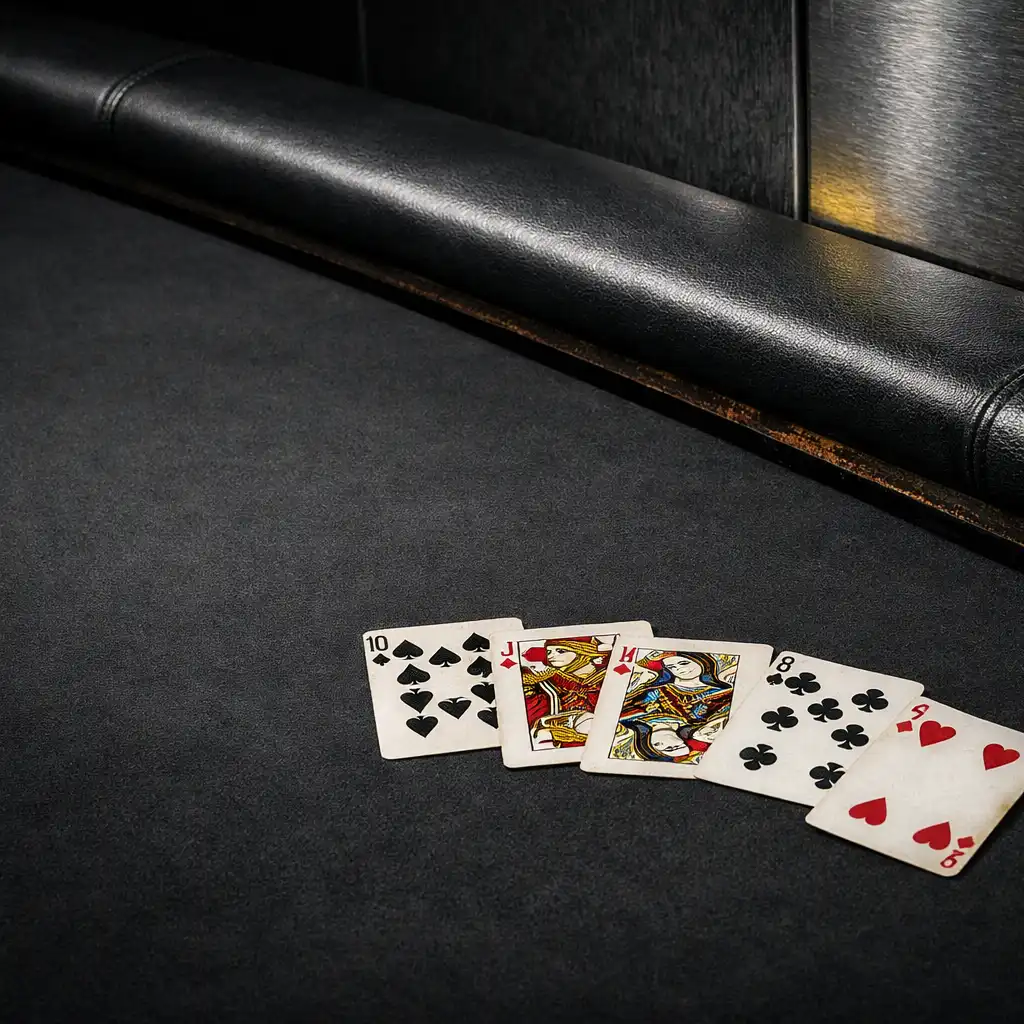 Close view of a professional poker table with real cards and a padded rail in a dark poker room