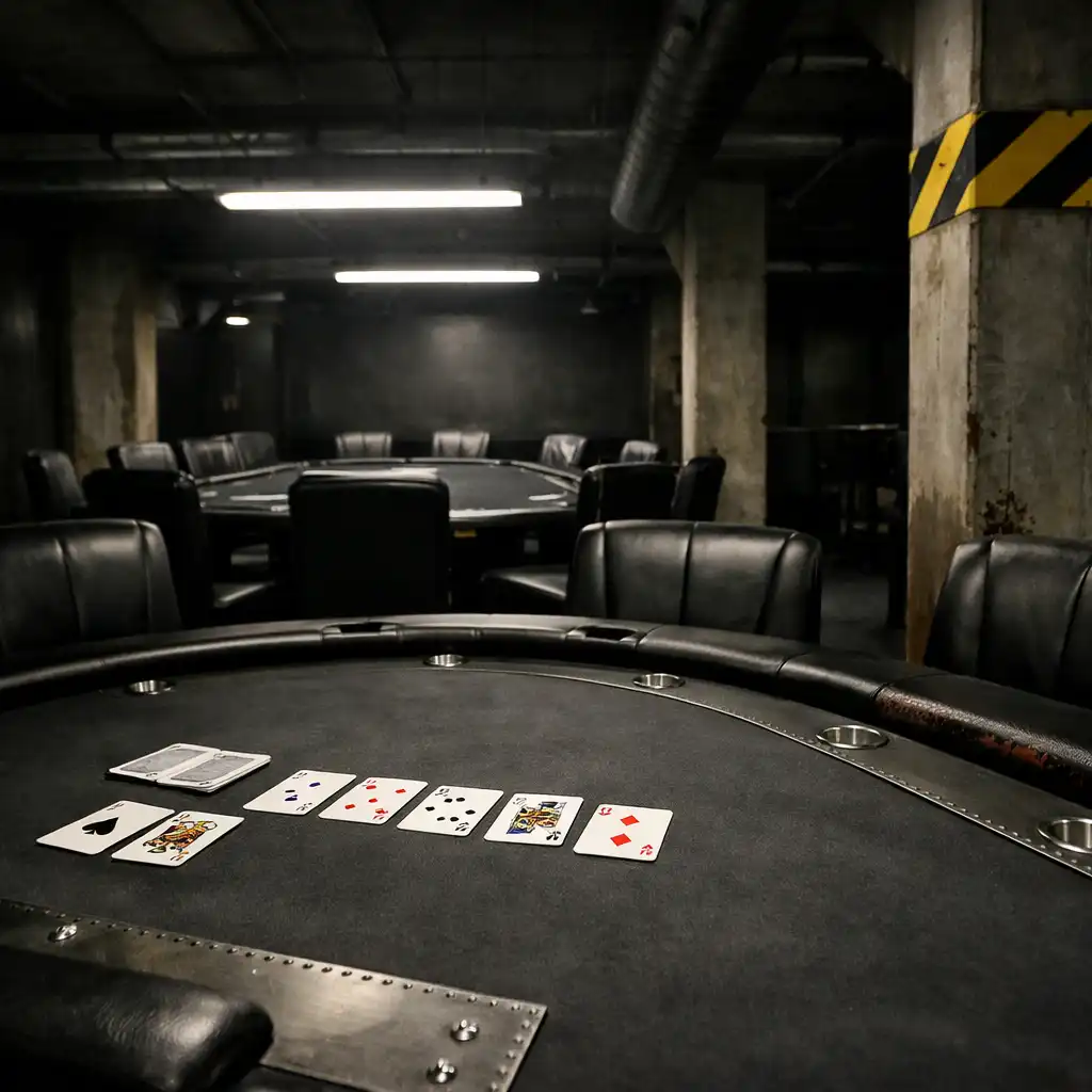 Aligned chairs and professional poker tables prepared in the dedicated card room