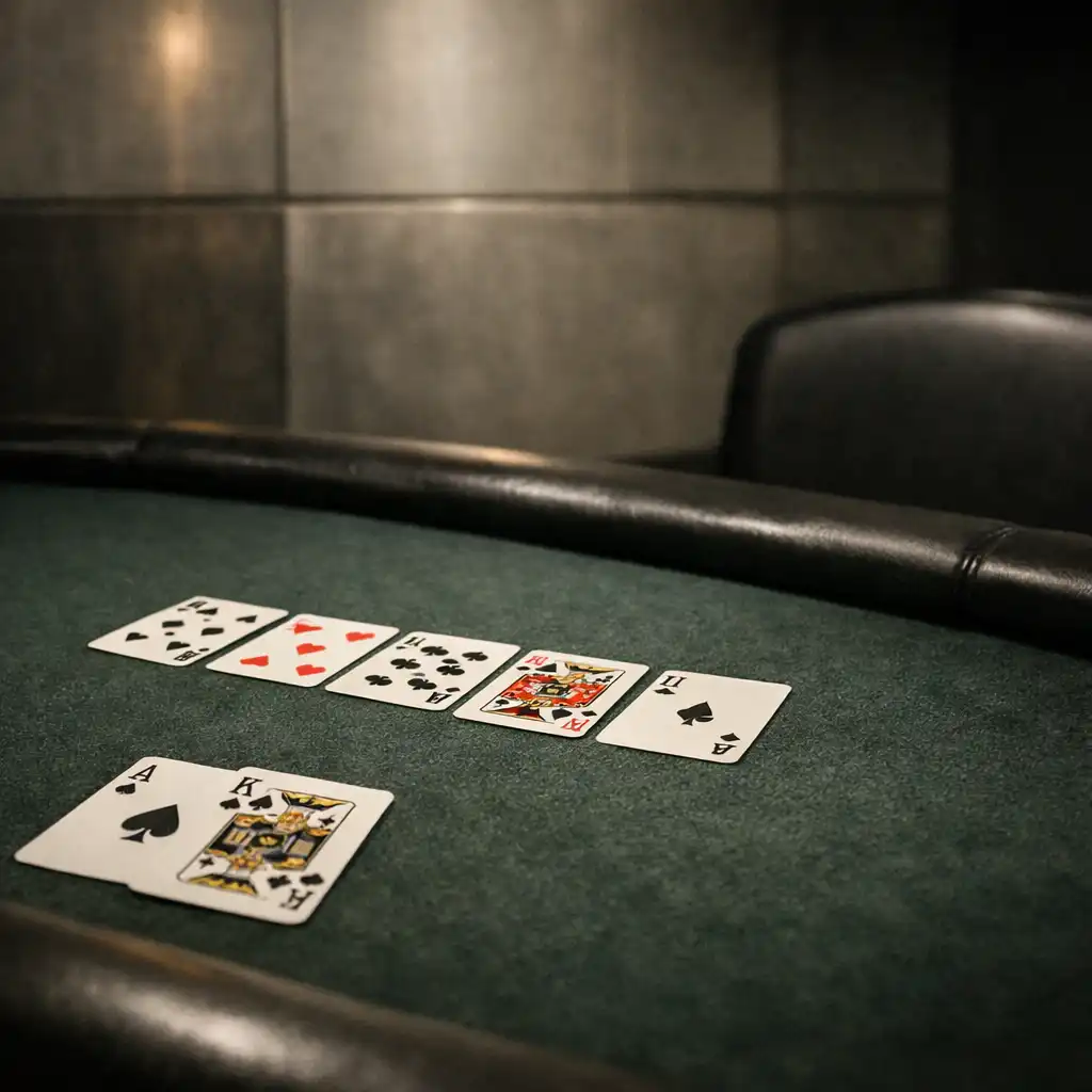 Dark green poker table felt, real playing cards and a table rail inside the dedicated card room.