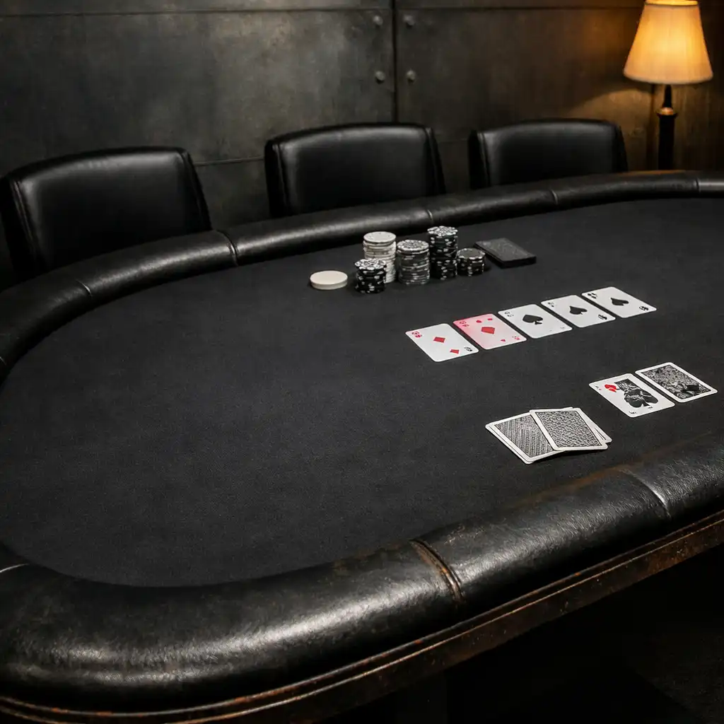 Prepared professional poker table with real cards and evenly spaced chairs