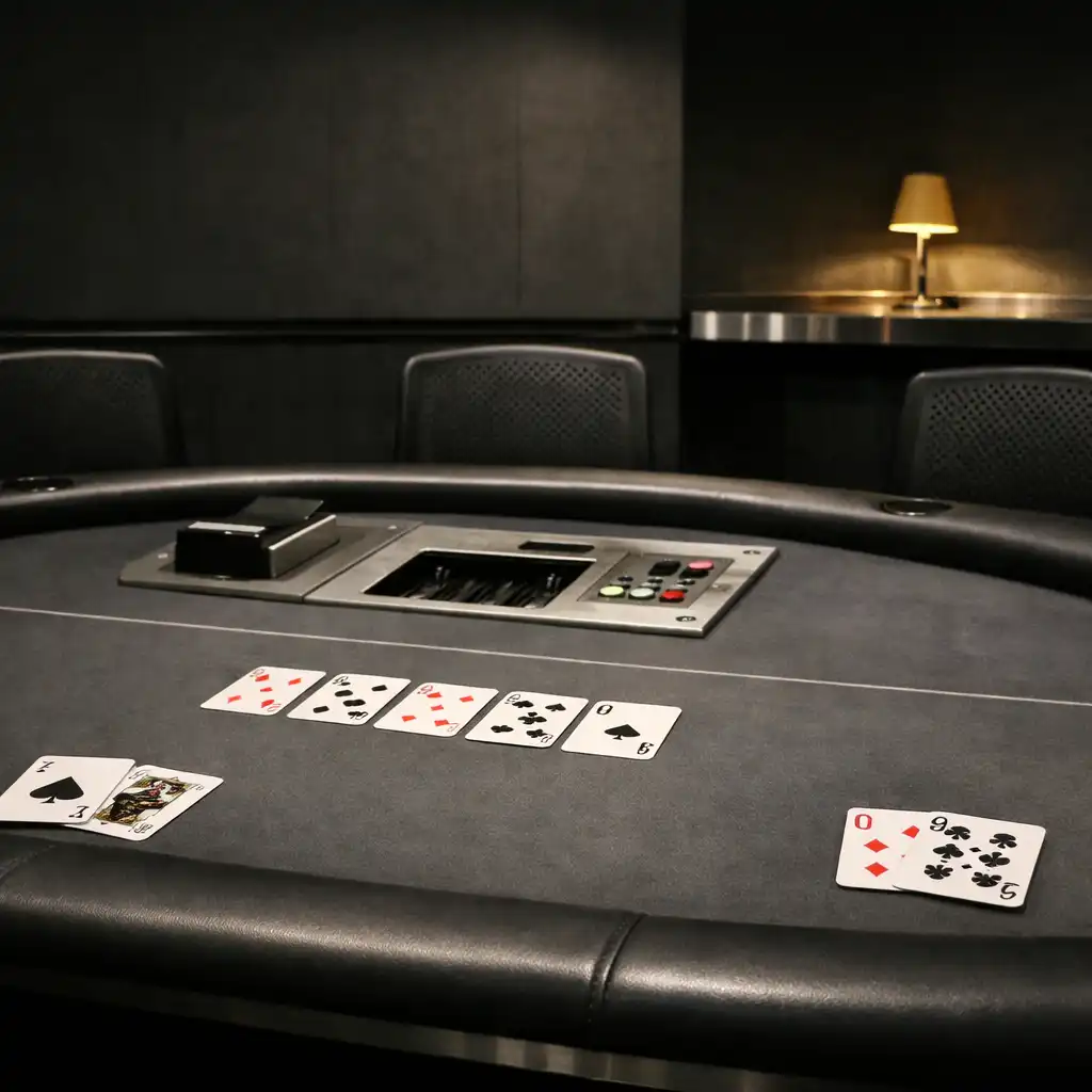 A professional poker table and structured chairs inside the dedicated card lounge