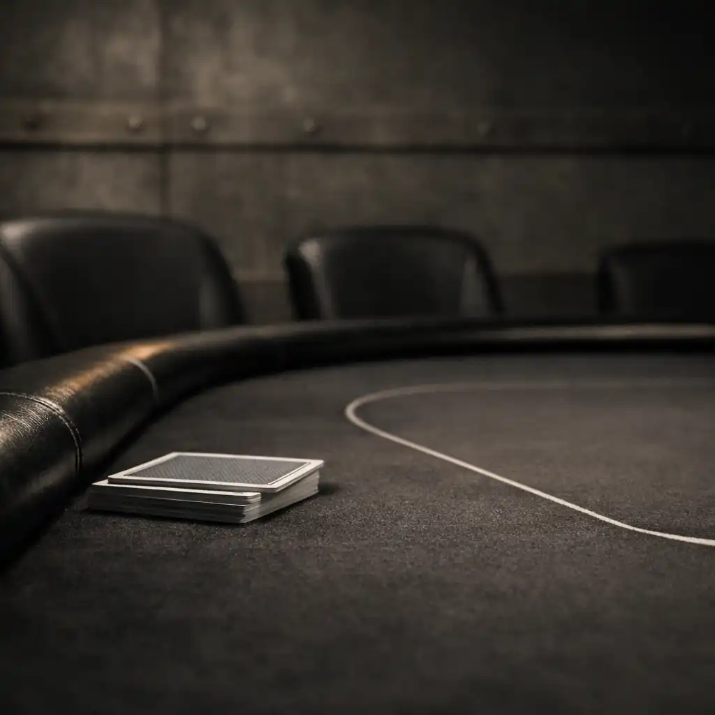 Close view of real playing cards on a professional poker table with empty seating in a dark card room