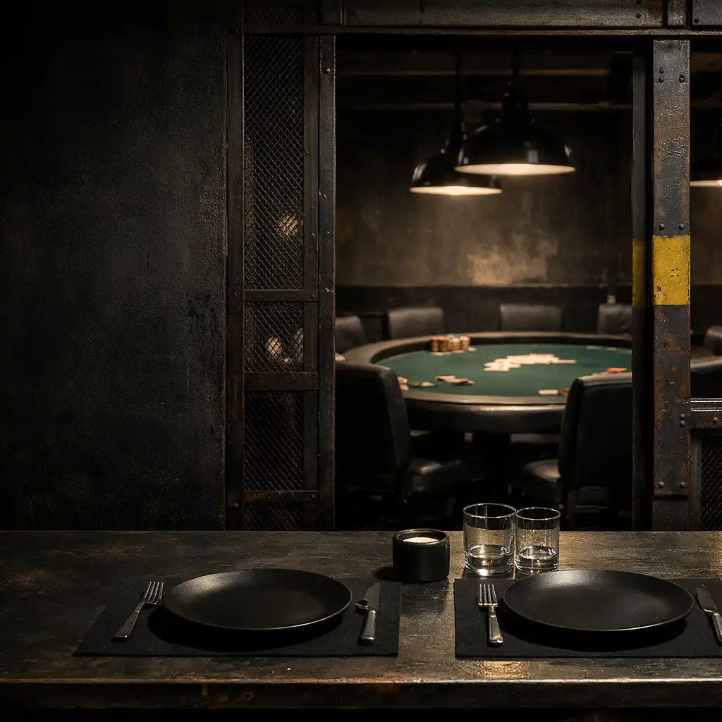 Restaurant table setting within Card Gallery Melbourne with a professional poker table visible beyond steel-framed partitions