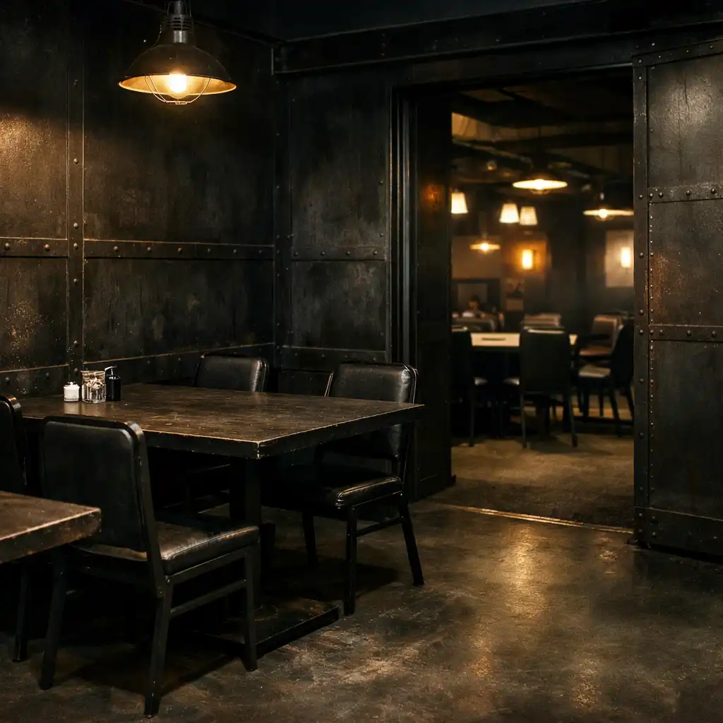 Compact dining bay with square tables, steel panels and a sightline toward the Card Gallery Melbourne card lounge