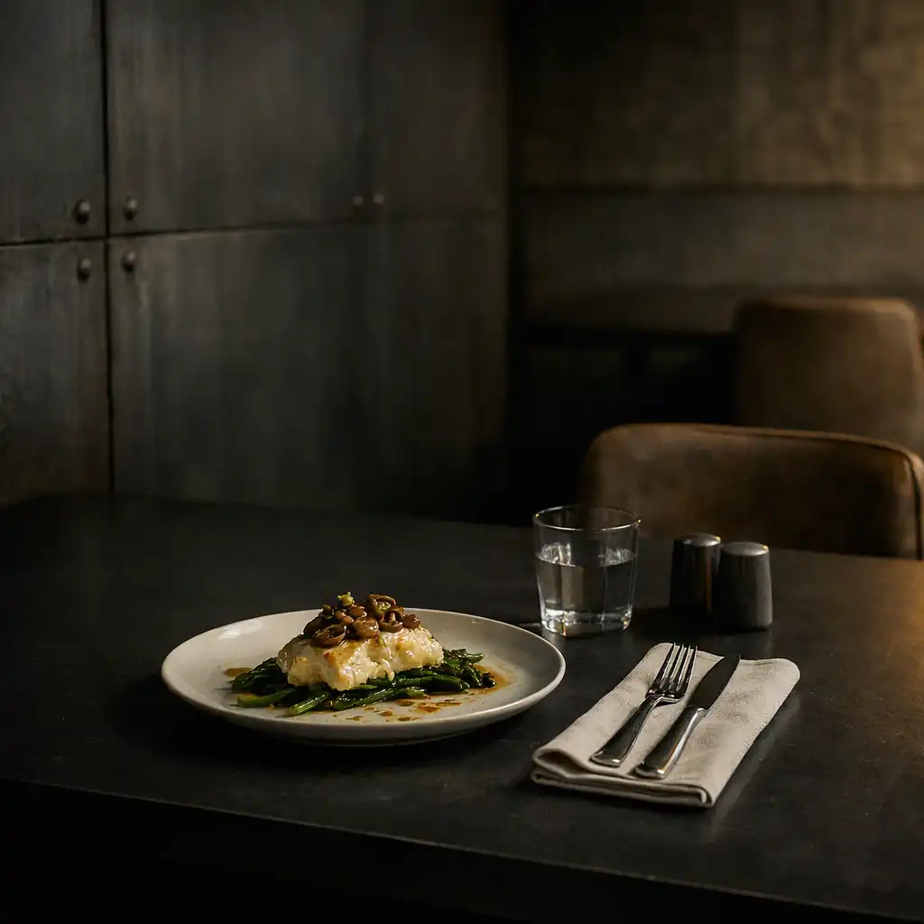 A considered restaurant place setting on a dark table within Card Gallery Melbourne's industrial venue interior.