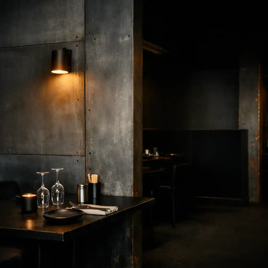 Subdued dark venue table detail with steel wall texture