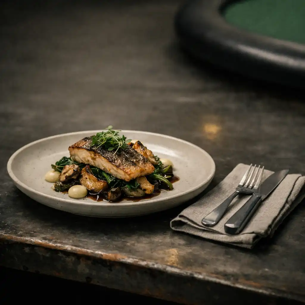 Plated restaurant dish on a worn dark steel table with a distant poker table rail in the background